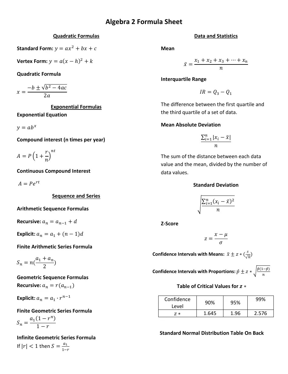Algebra 2 Formula Sheet Download Printable PDF Templateroller