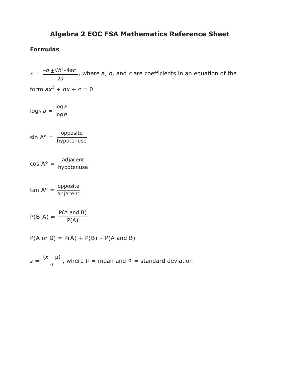Algebra 2 Eoc FSA Mathematics Reference Sheet Download Printable PDF