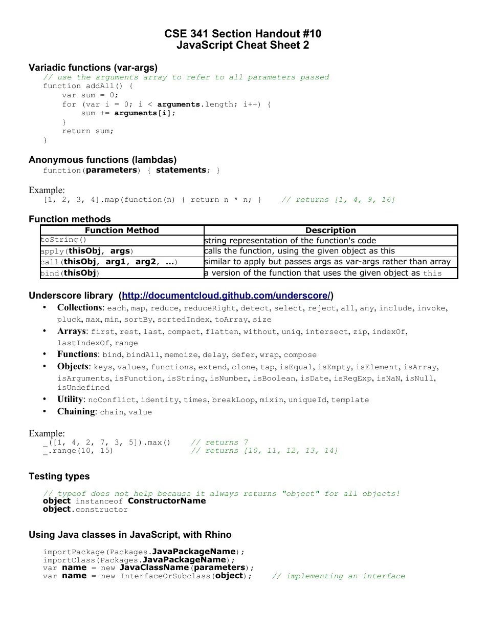 Cse 341 Javascript Cheat Sheet Download Printable PDF Templateroller