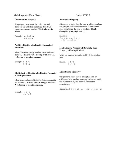 Math Properties Cheat Sheet Download Printable PDF | Templateroller