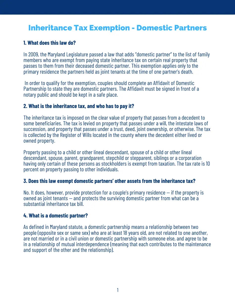 Howard County, Maryland Domestic Partner Inheritance Tax Exemption for