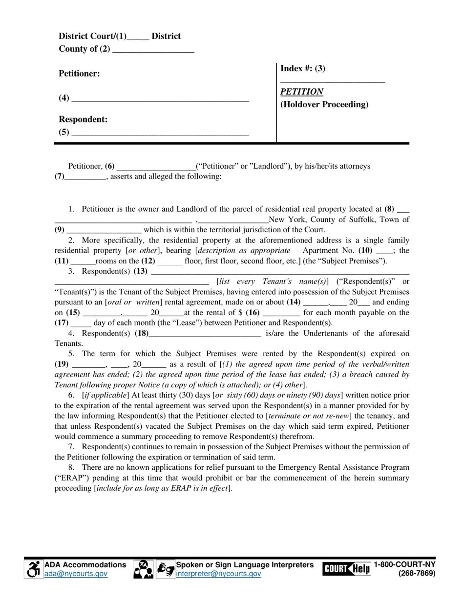 Suffolk County, New York Petition (Holdover Proceeding) Fill Out