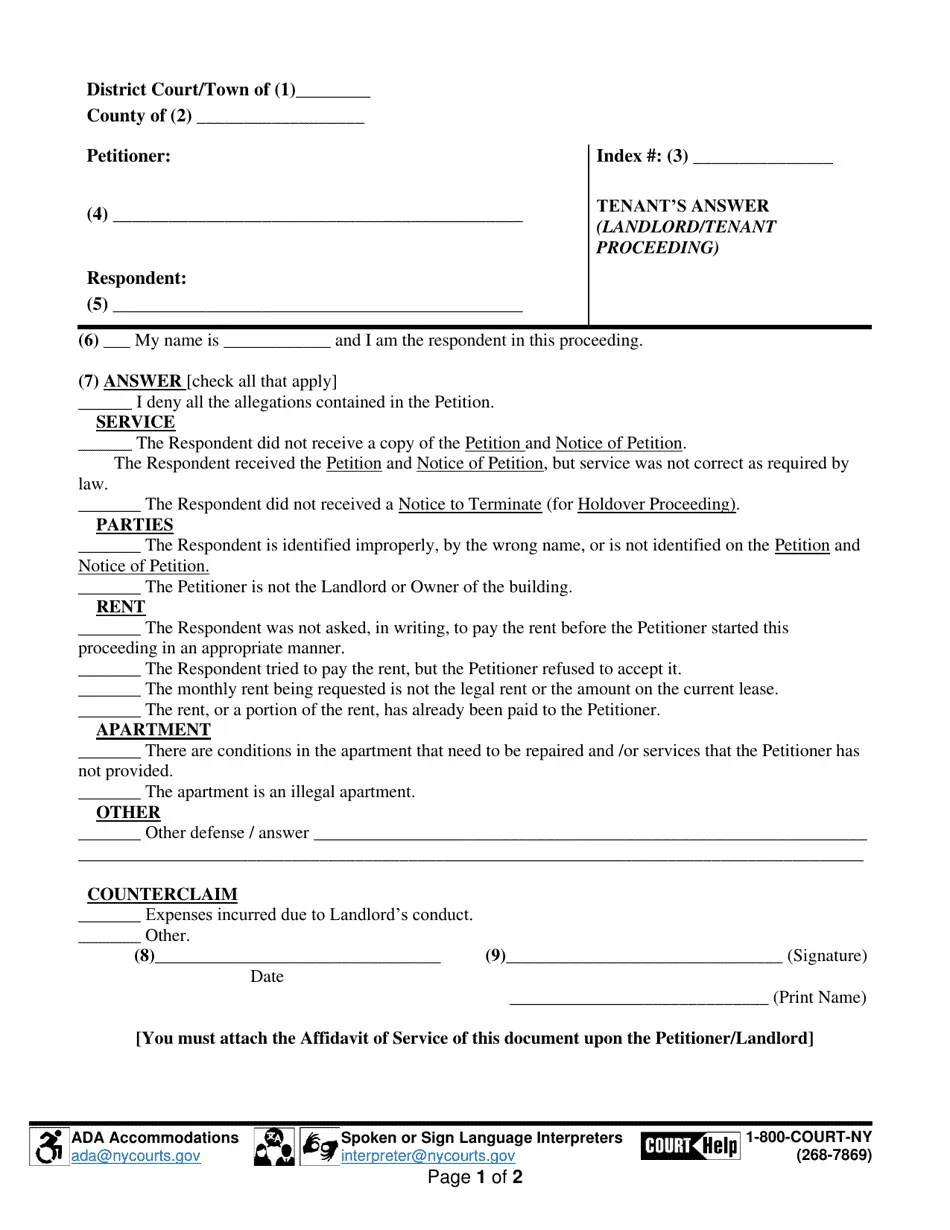 Suffolk County, New York Tenant's Answer (Landlord/Tenant Proceeding