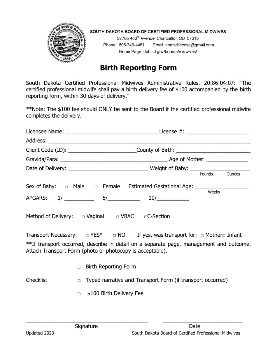 South Dakota Birth Reporting Form Download Printable PDF 2018 — 2024