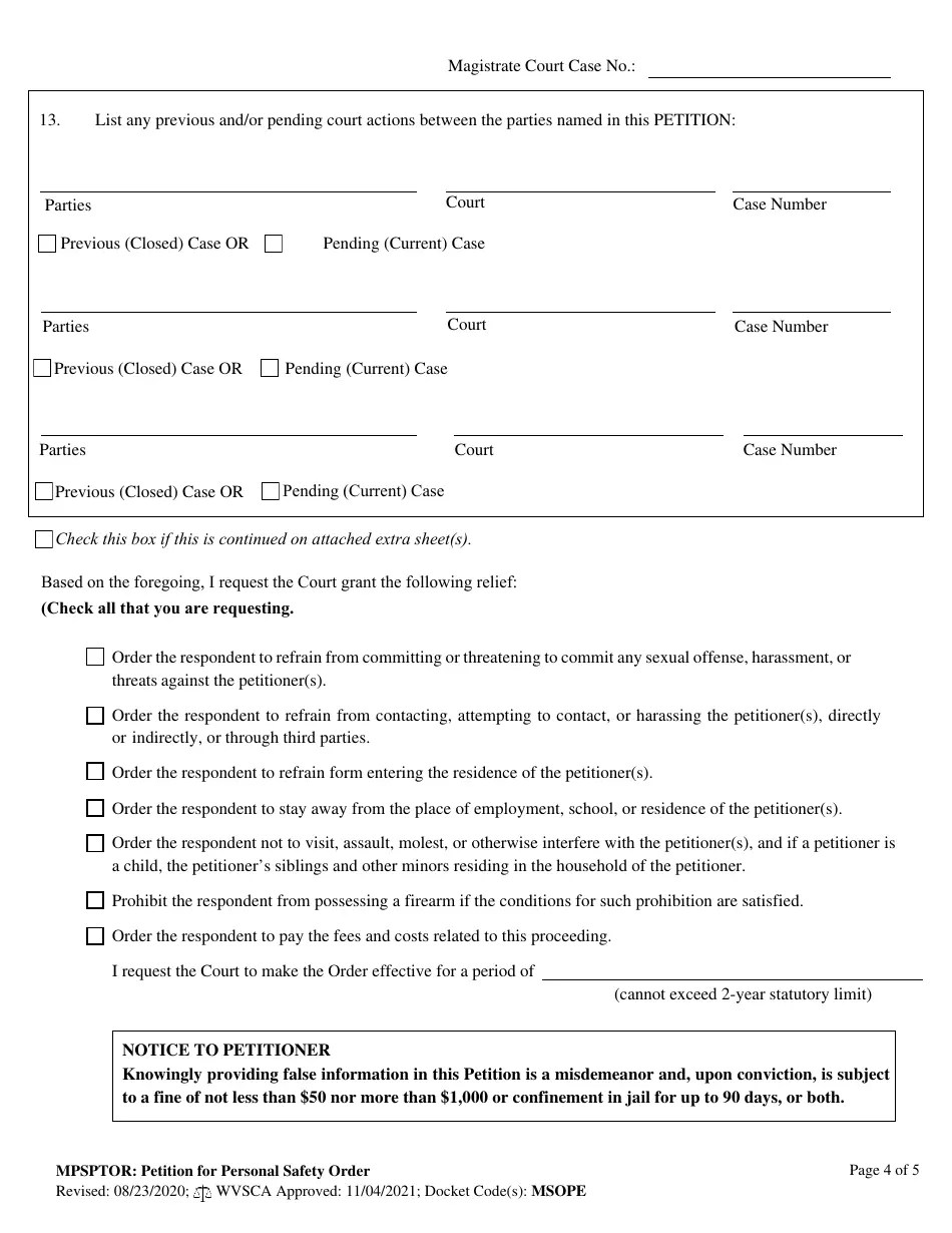 West Virginia Petition for Personal Safety Order Fill Out, Sign