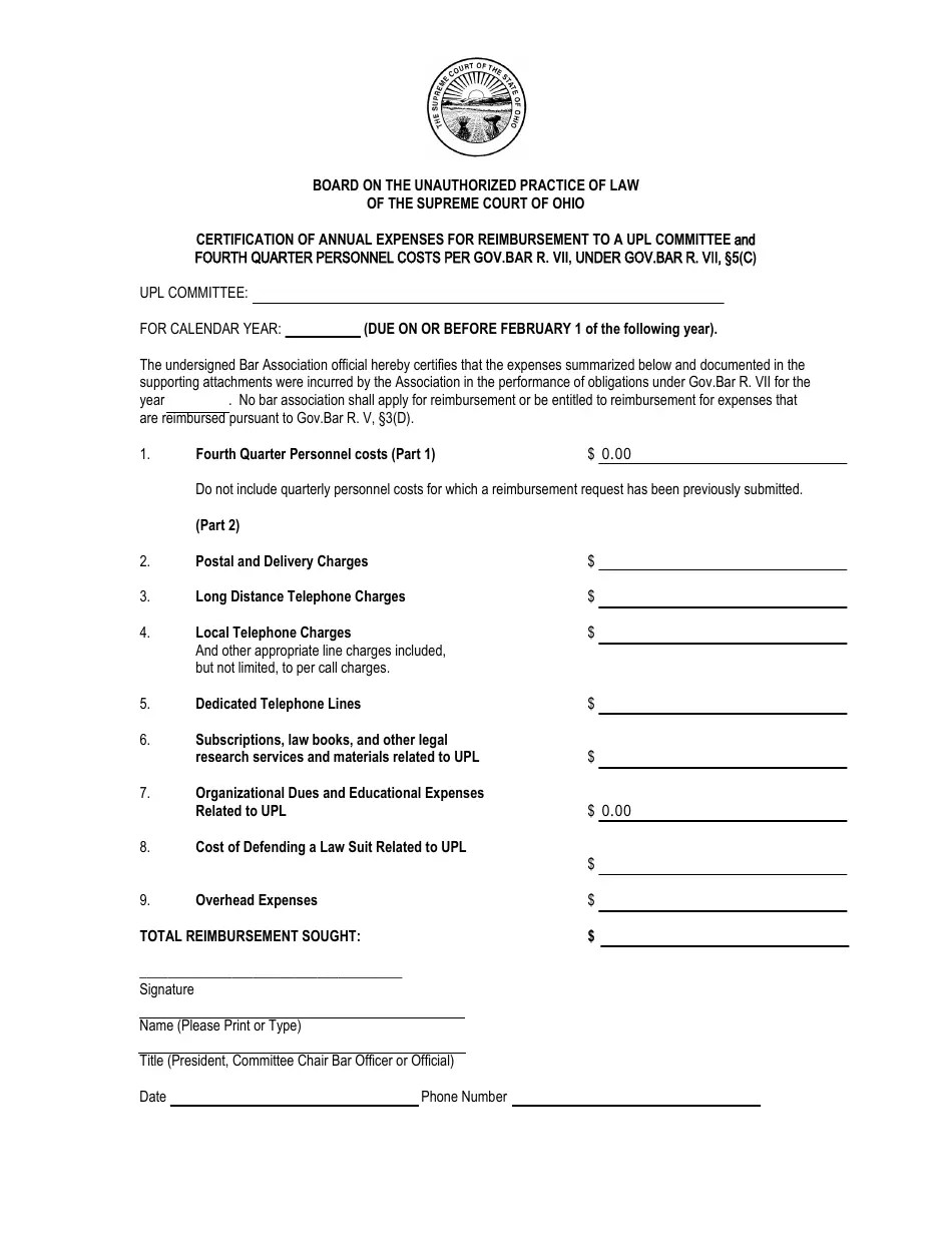 Ohio Certification of Annual Expenses for Reimbursement to a Upl