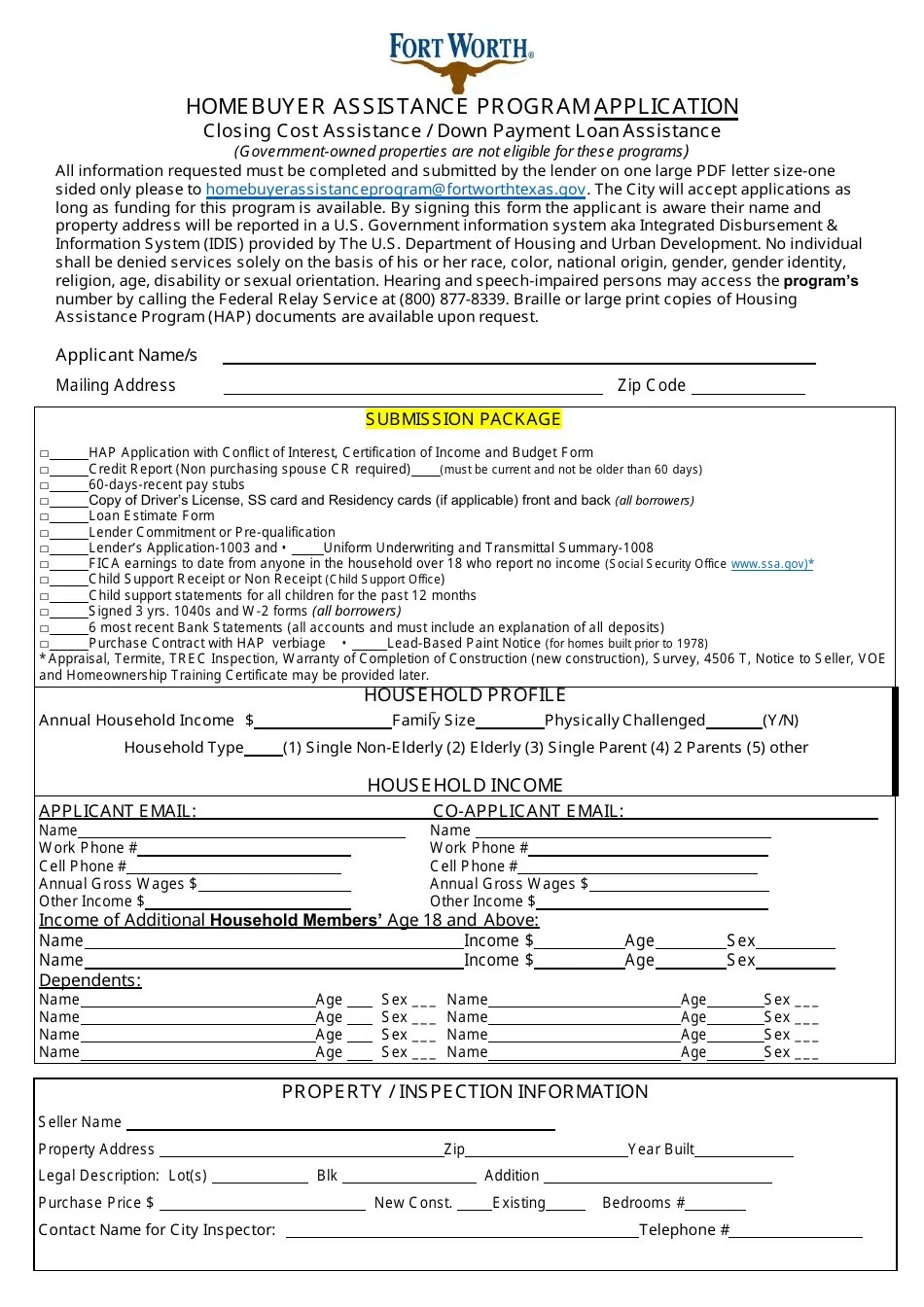 City of Fort Worth, Texas Homebuyer Assistance Program Application