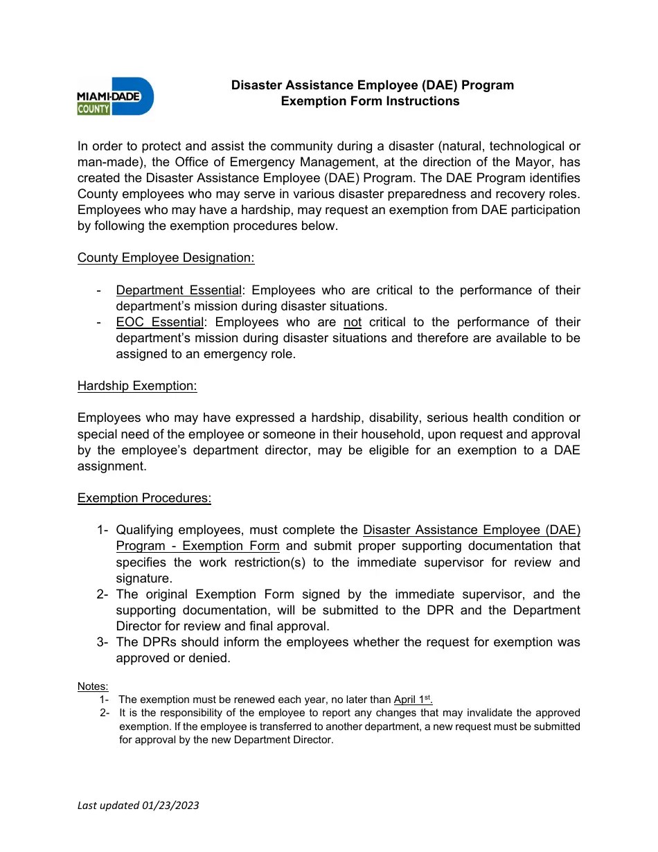 2023 MiamiDade County, Florida Exemption Form Disaster Assistance