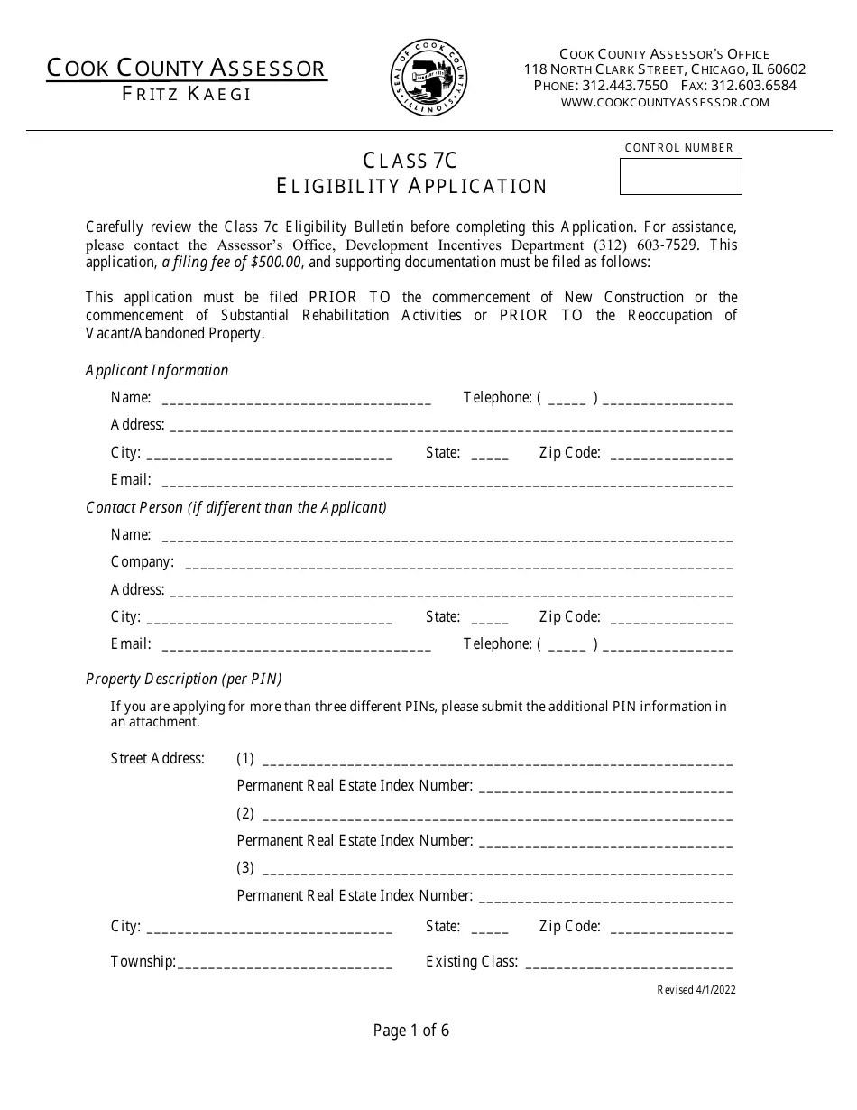 Cook County, Illinois Class 7c Eligibility Application - Fill Out, Sign