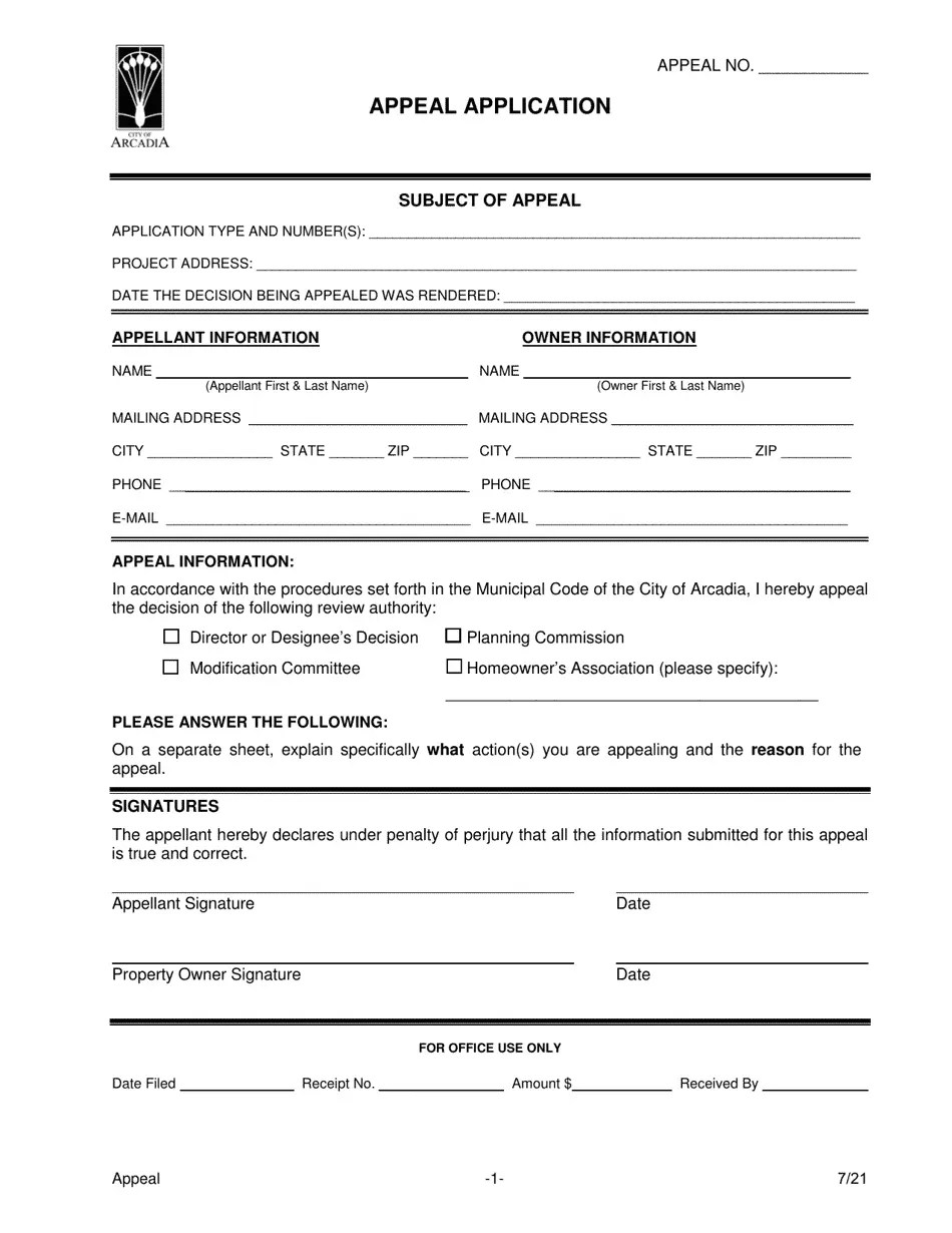 City of Arcadia, California Appeal Application Fill Out, Sign Online