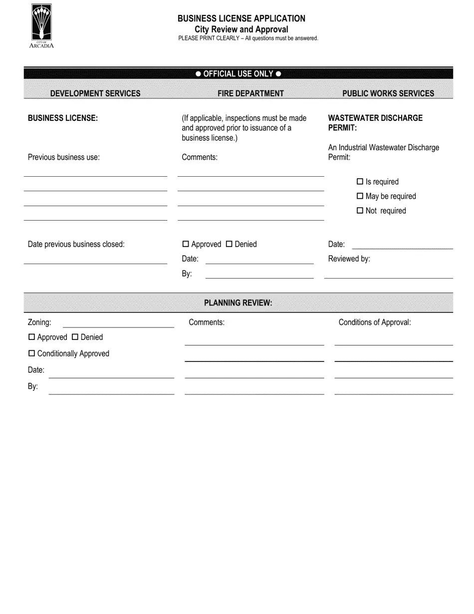 City of Arcadia, California City Review and Approval Business License Application Fill Out