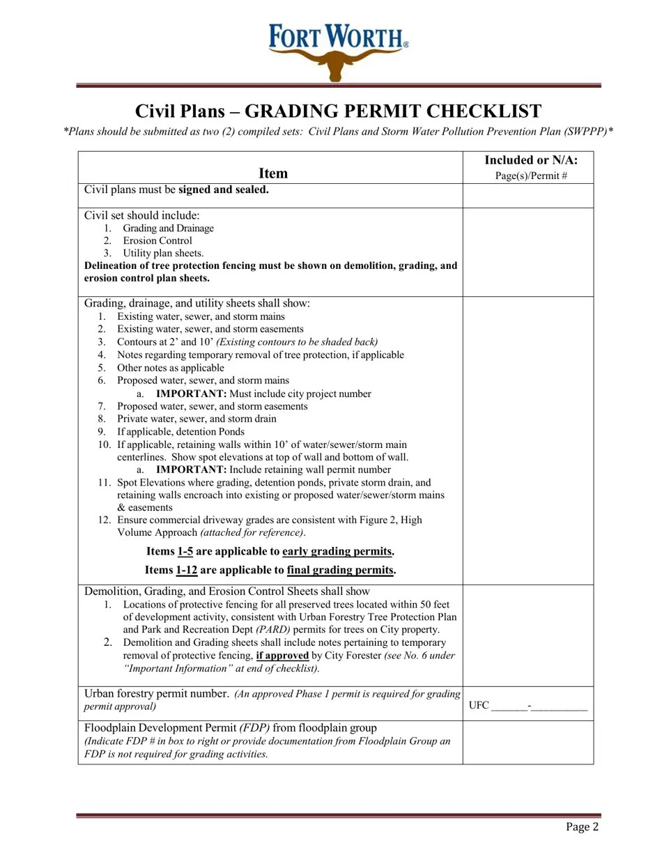 City of Fort Worth, Texas Grading Permit Application Fill Out, Sign