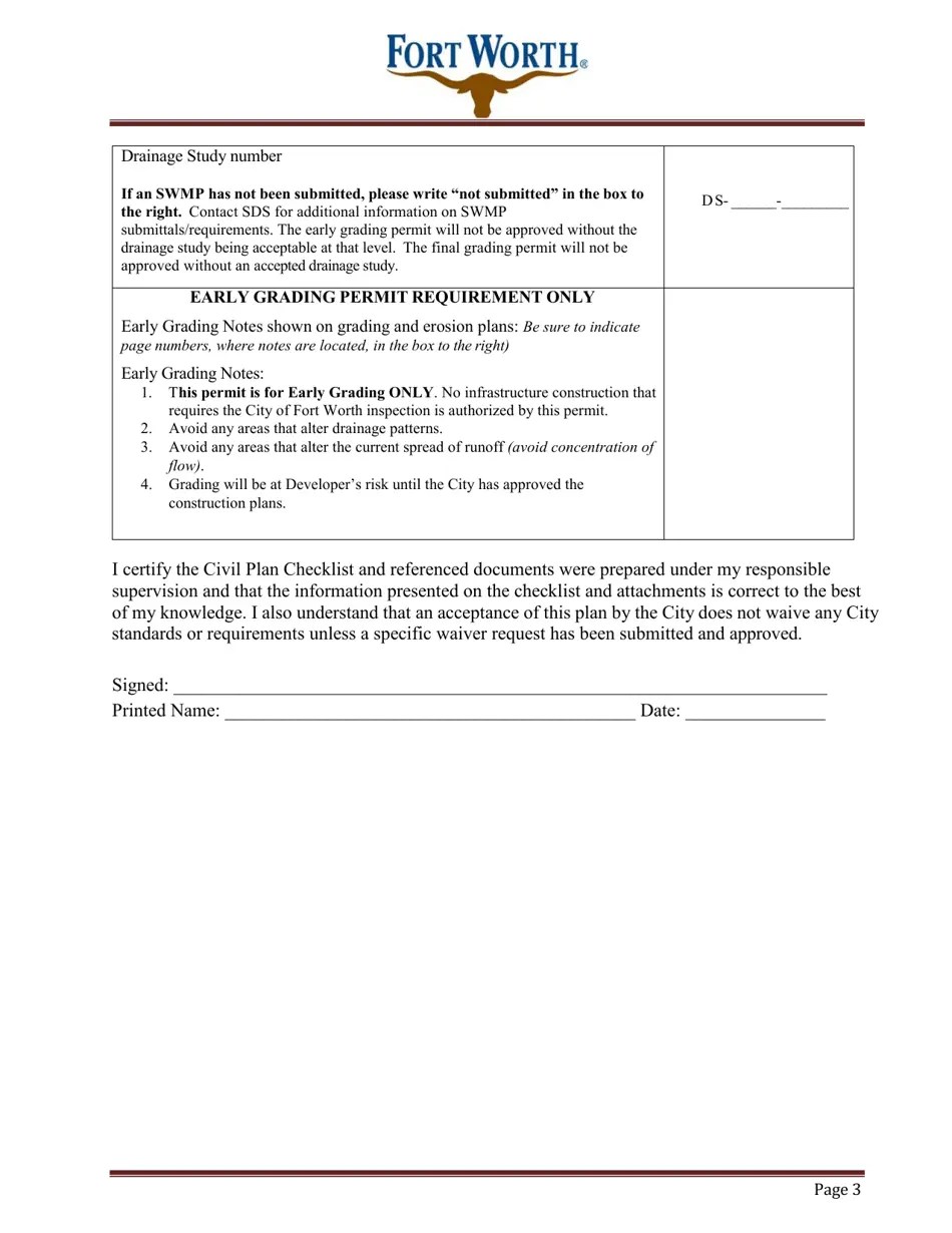 City of Fort Worth, Texas Grading Permit Application Fill Out, Sign