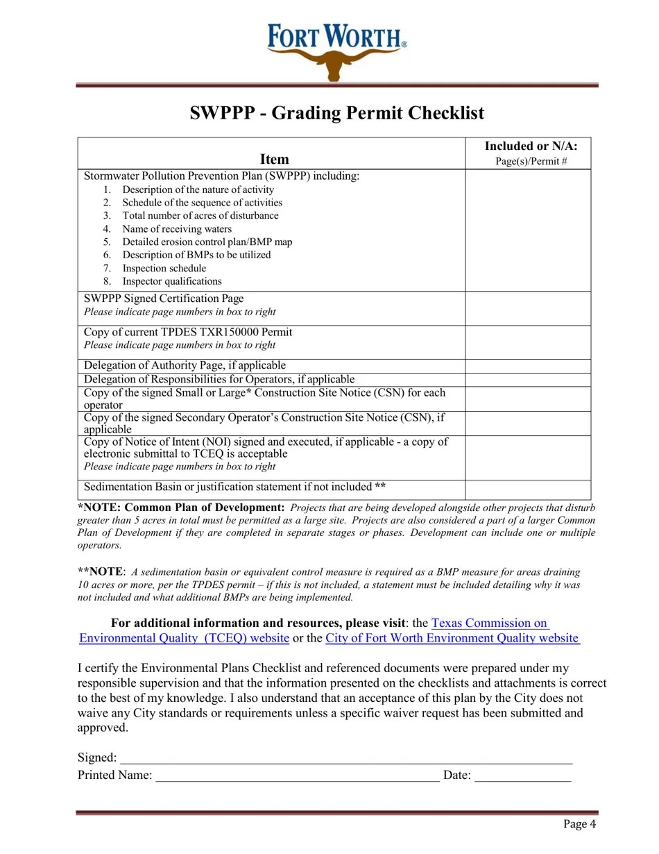 City of Fort Worth, Texas Grading Permit Application Fill Out, Sign