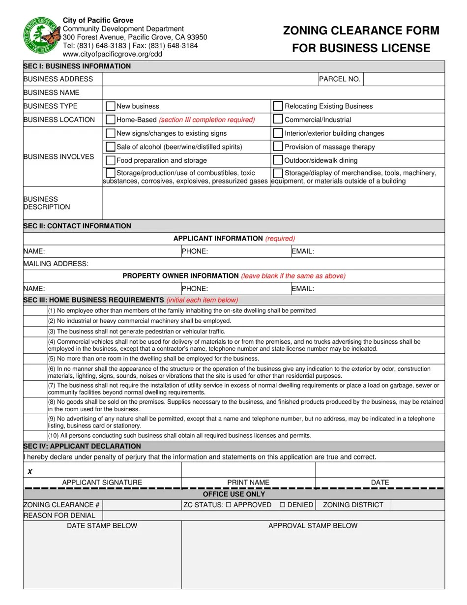 City of Pacific Grove, California Zoning Clearance Form for Business