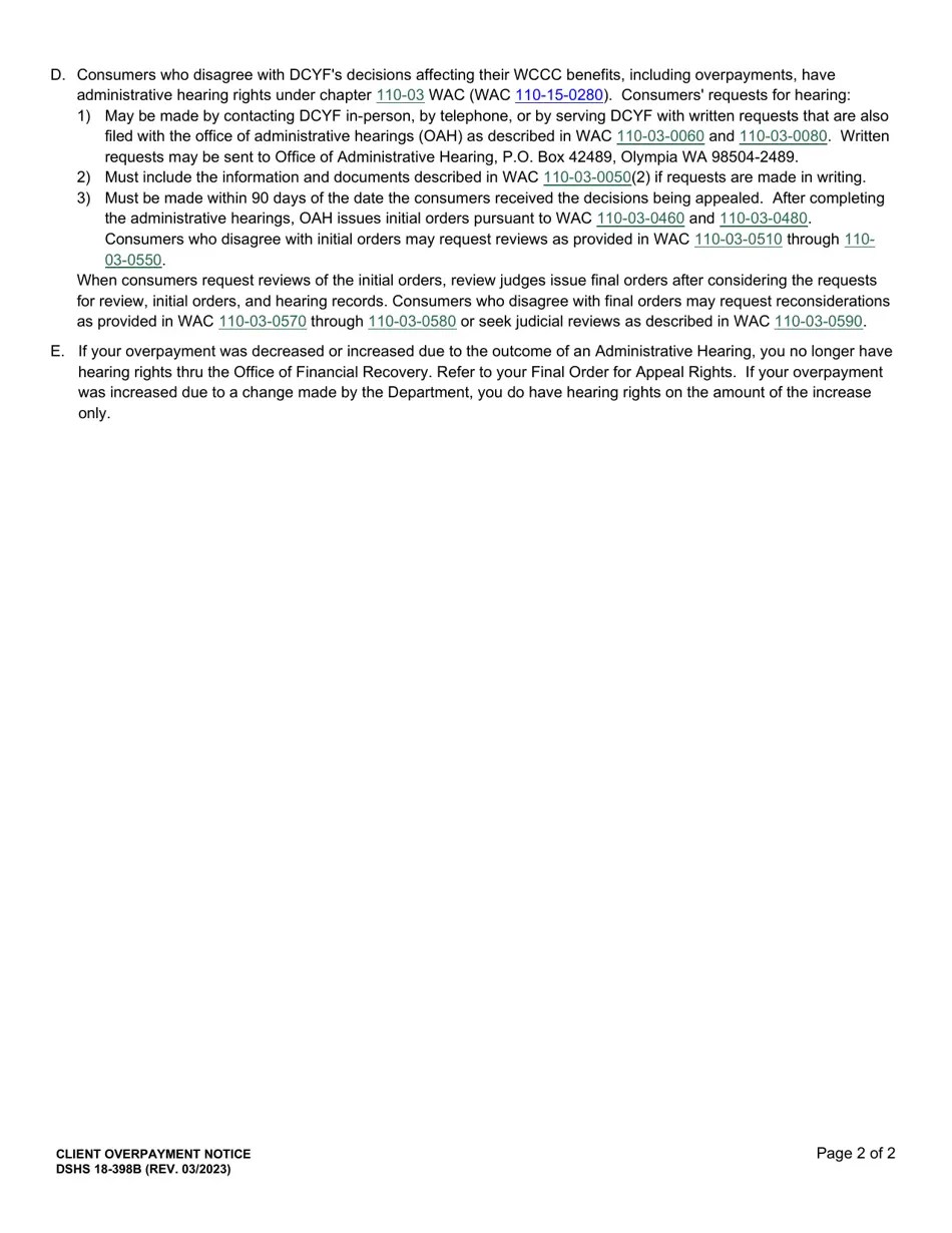 DSHS Form 18398B Download Printable PDF or Fill Online Dcyf Client