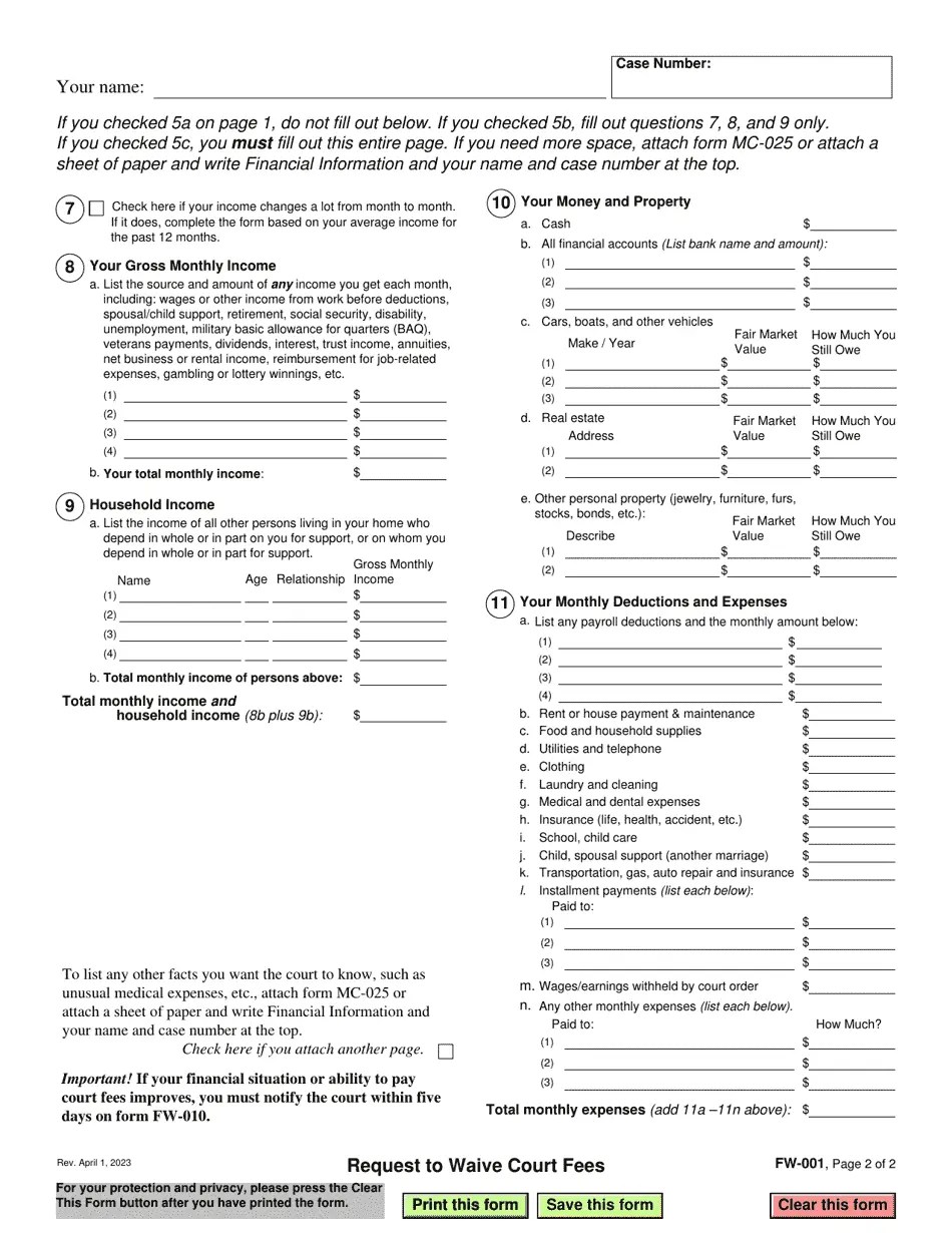 Form FW001 Download Fillable PDF or Fill Online Request to Waive Court