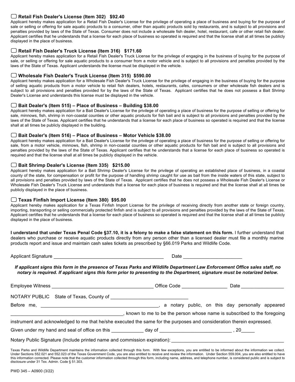 Form PWD345 Download Printable PDF or Fill Online Application for Dealer License, Texas 2020