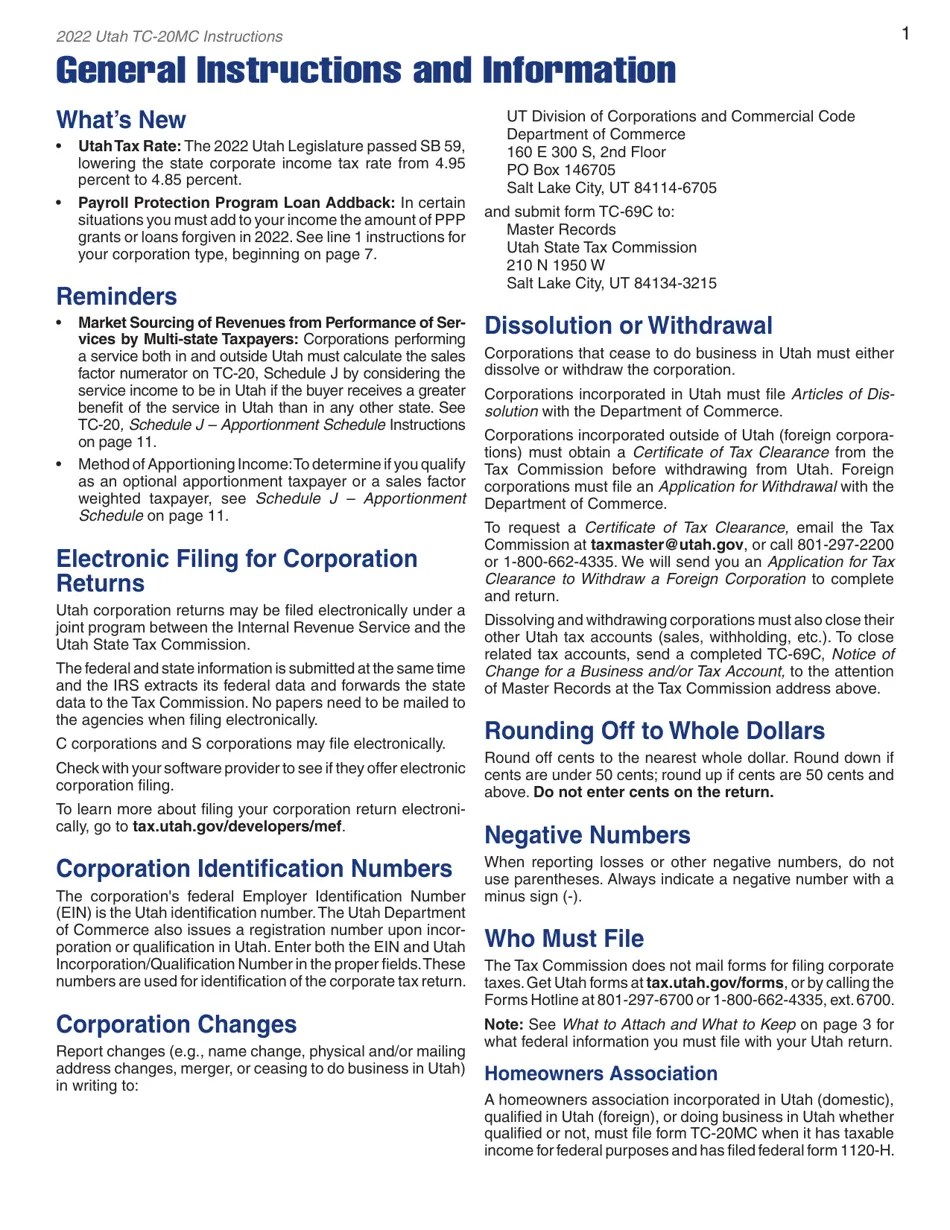 Download Instructions for Form TC20MC Utah Tax Return for