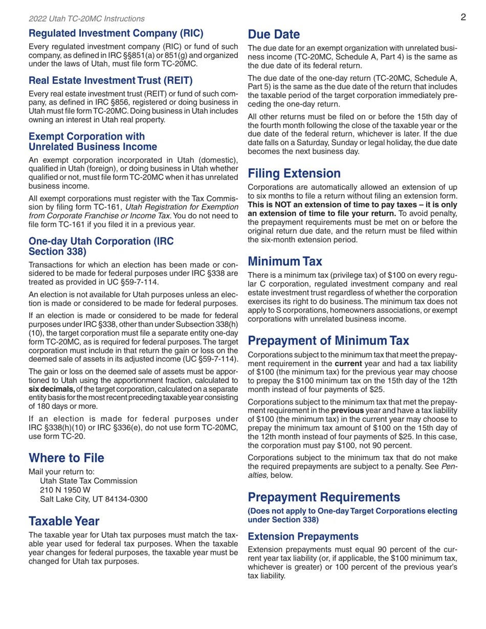 Download Instructions for Form TC20MC Utah Tax Return for
