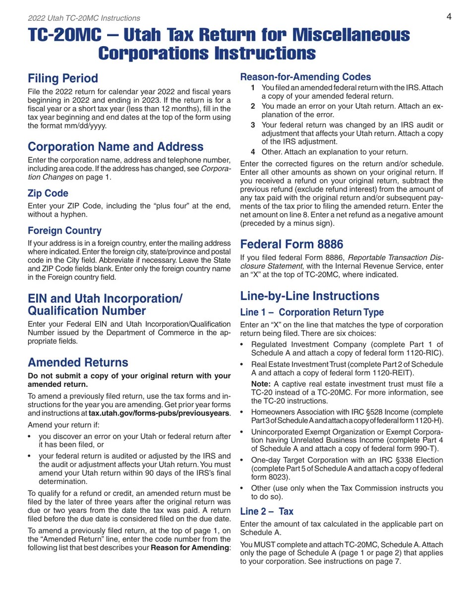 Download Instructions for Form TC20MC Utah Tax Return for