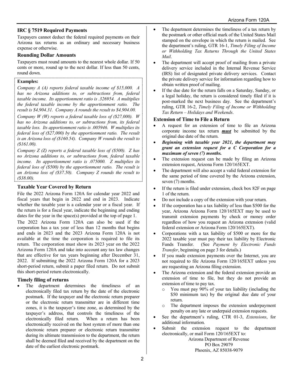 Download Instructions for Arizona Form 120A, ADOR10949 Arizona