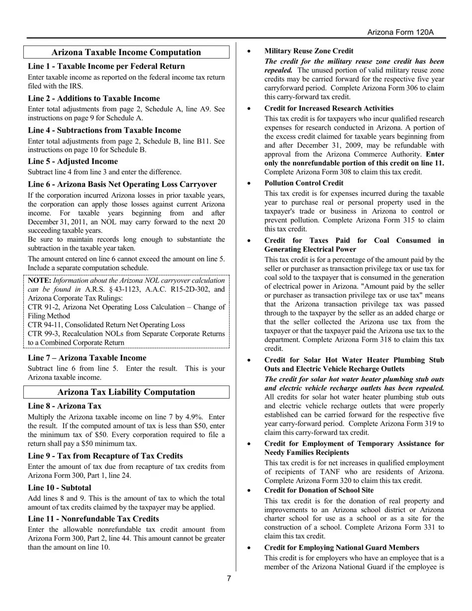 Download Instructions for Arizona Form 120A, ADOR10949 Arizona