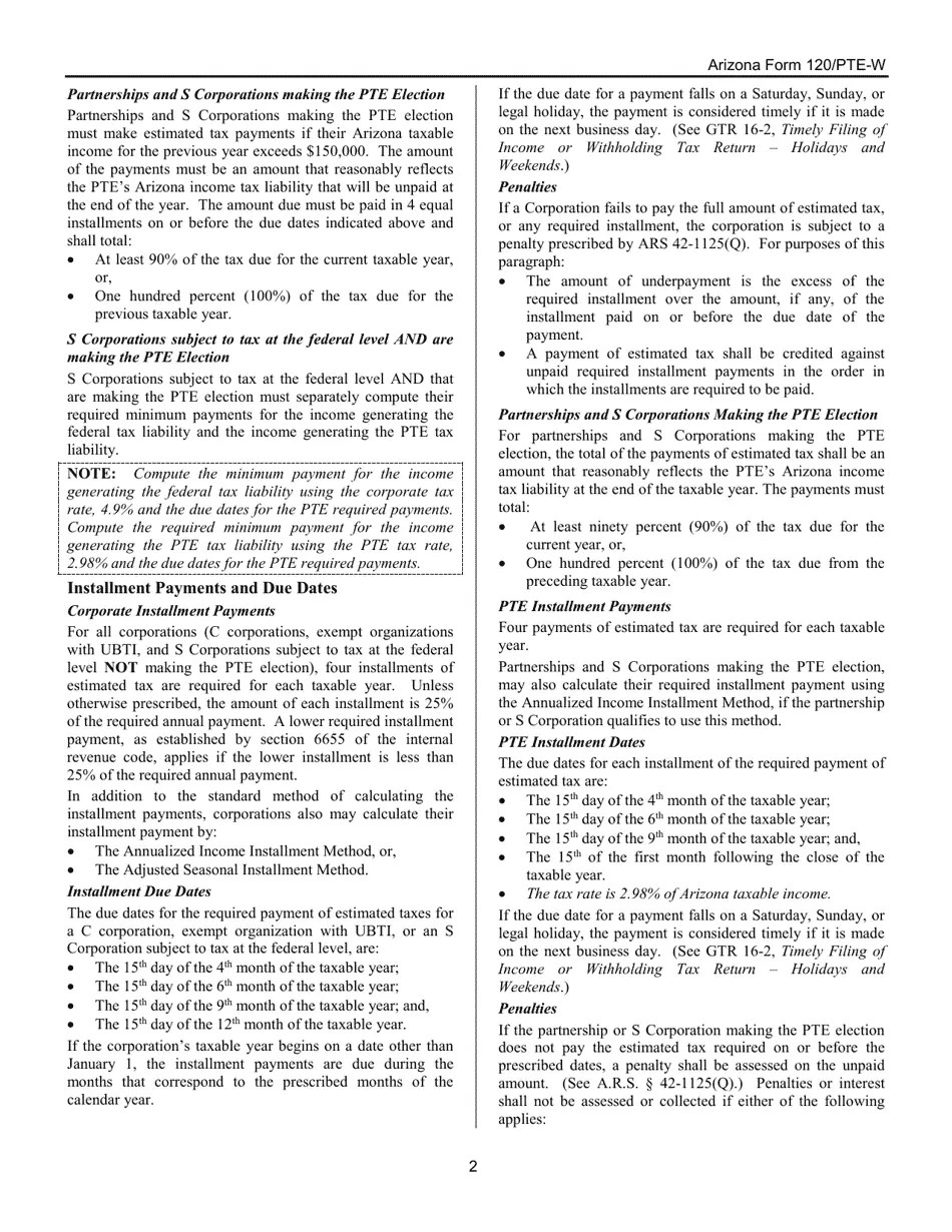 Download Instructions for Arizona Form 120/PTEW, ADOR10551 Estimated