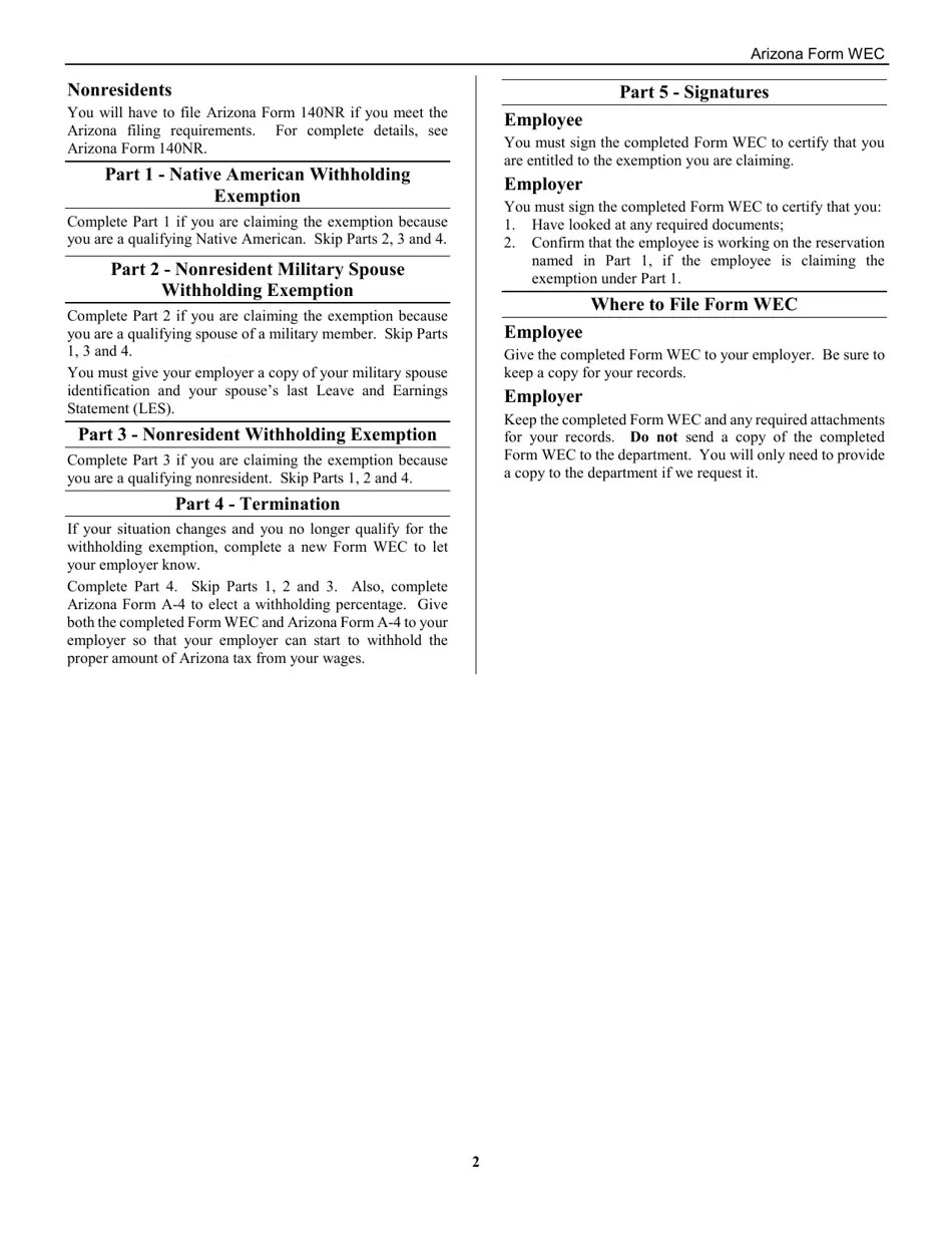 Download Instructions for Arizona Form WEC, ADOR10125 Employee