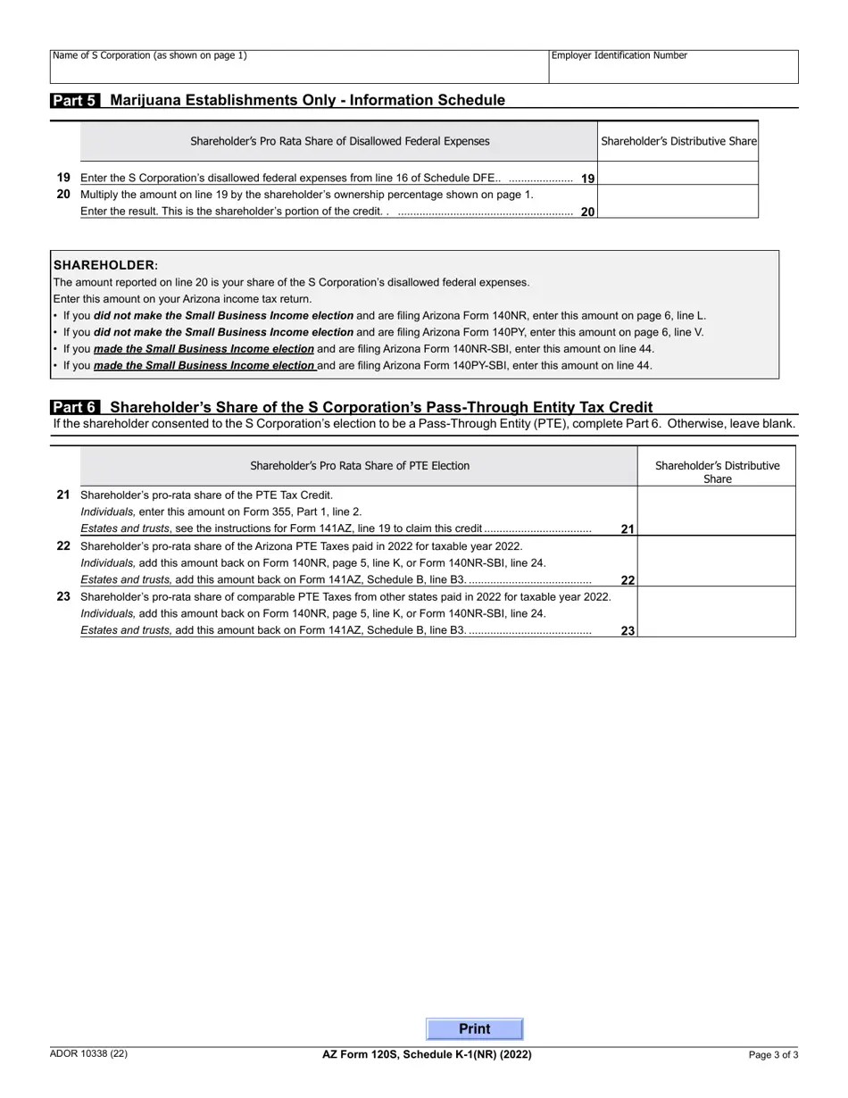 Arizona Form 120S (ADOR10338) Schedule K1(NR) 2022 Fill Out, Sign