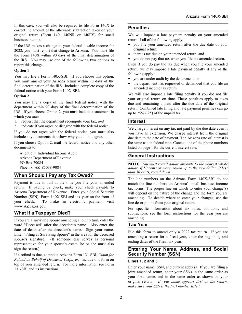 Download Instructions for Arizona Form 140XSBI, ADOR11401 Small