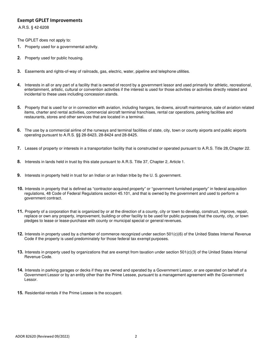 Form ADOR82620 Download Fillable PDF or Fill Online Government Property Lease Excise Tax (Gplet