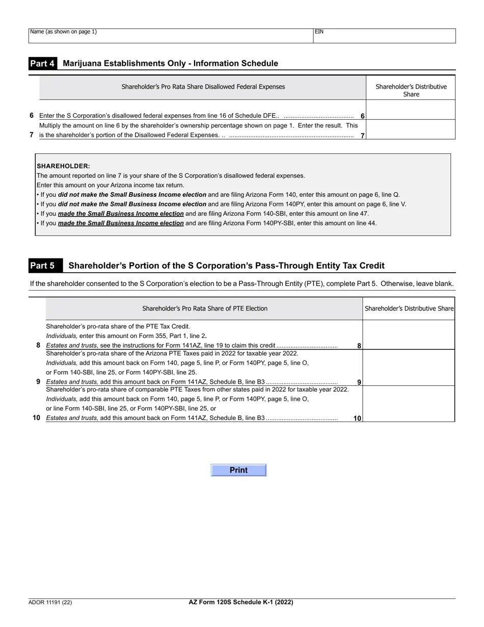 Arizona Form 120S (ADOR11191) Schedule K1 2022 Fill Out, Sign