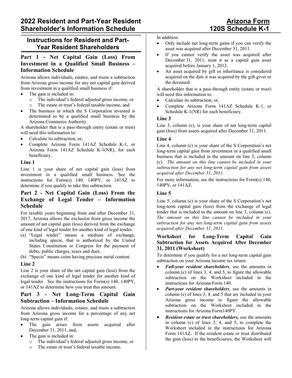 Arizona Form 120S (ADOR11191) Schedule K1 2022 Fill Out, Sign