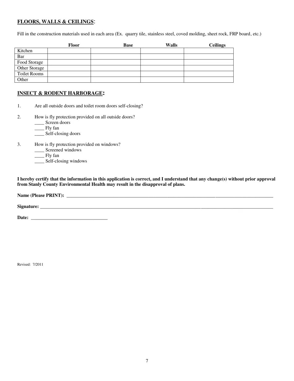 Stanly County, North Carolina Plan Review Application for Foodservice Establishments Fill Out