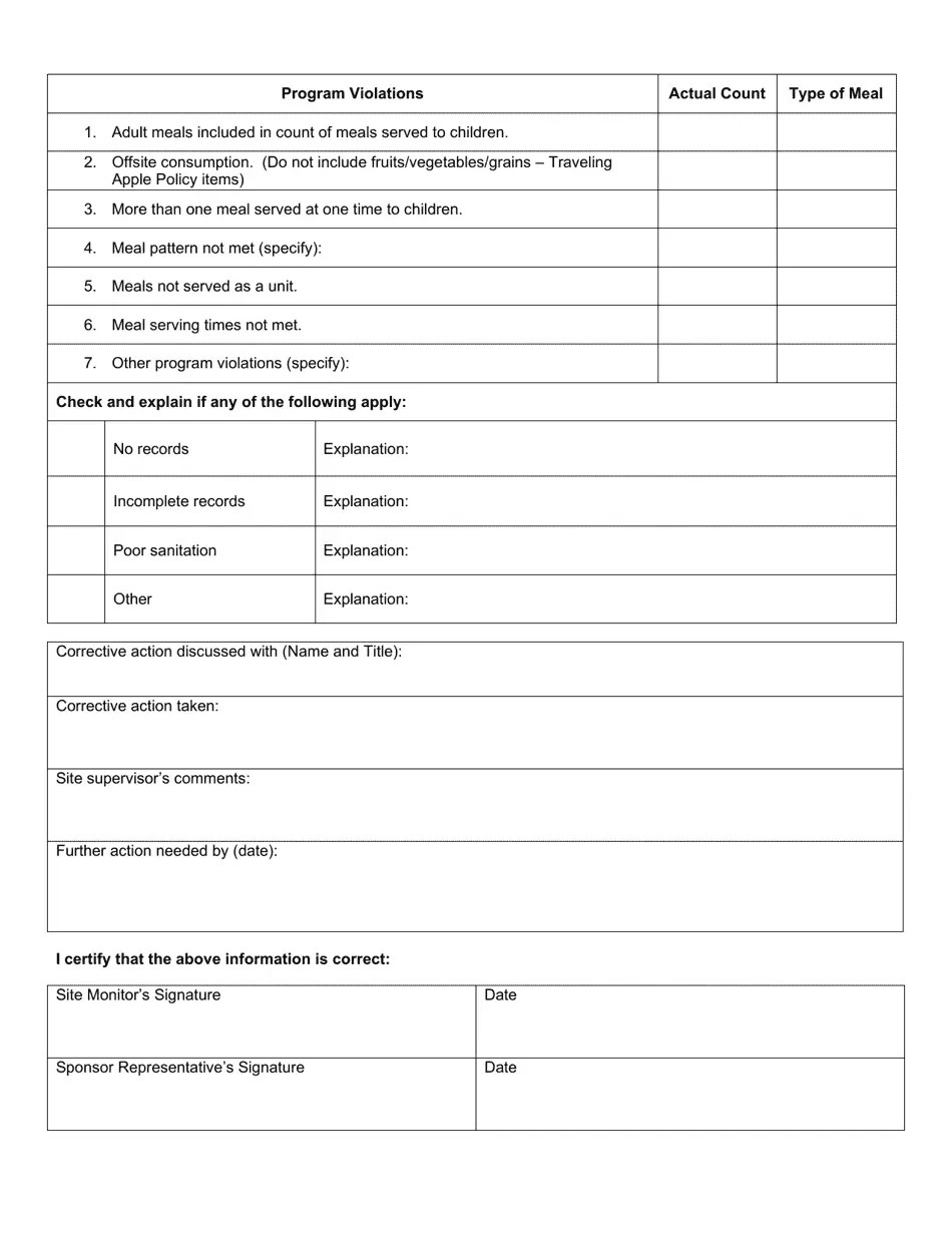 North Dakota Food Service Review Form Summer Food Service Program