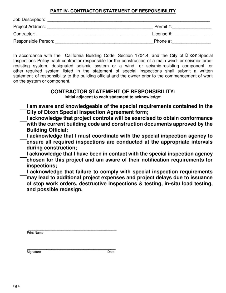 City of Dixon, California Special Inspection Agreement Form Fill Out, Sign Online and Download