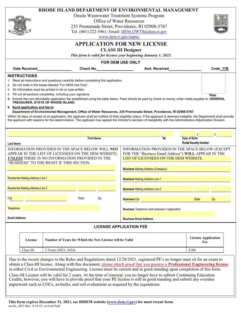 Rhode Island Application for New License Class Iii Designer Onsite