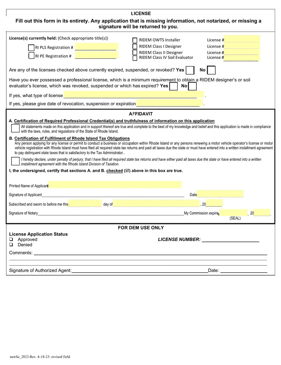 Rhode Island Application for New License Class Iii Designer Onsite
