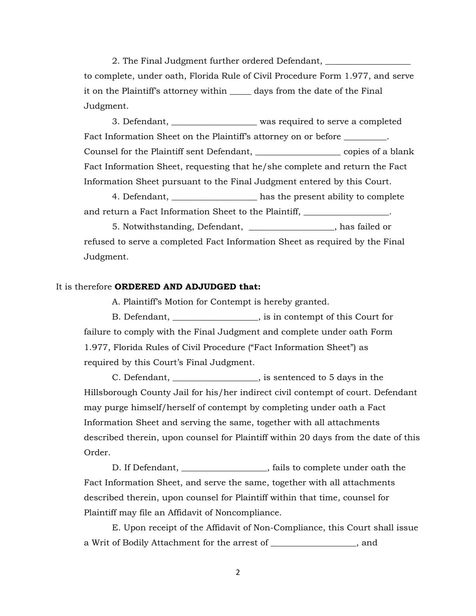 Hillsborough County, Florida Order Granting Motion for Contempt Against