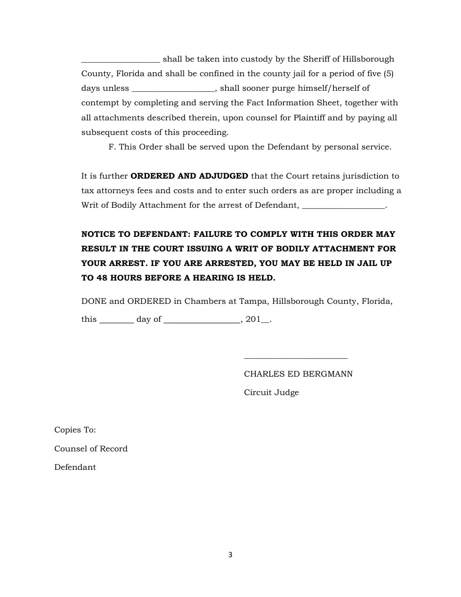 Hillsborough County, Florida Order Granting Motion for Contempt Against