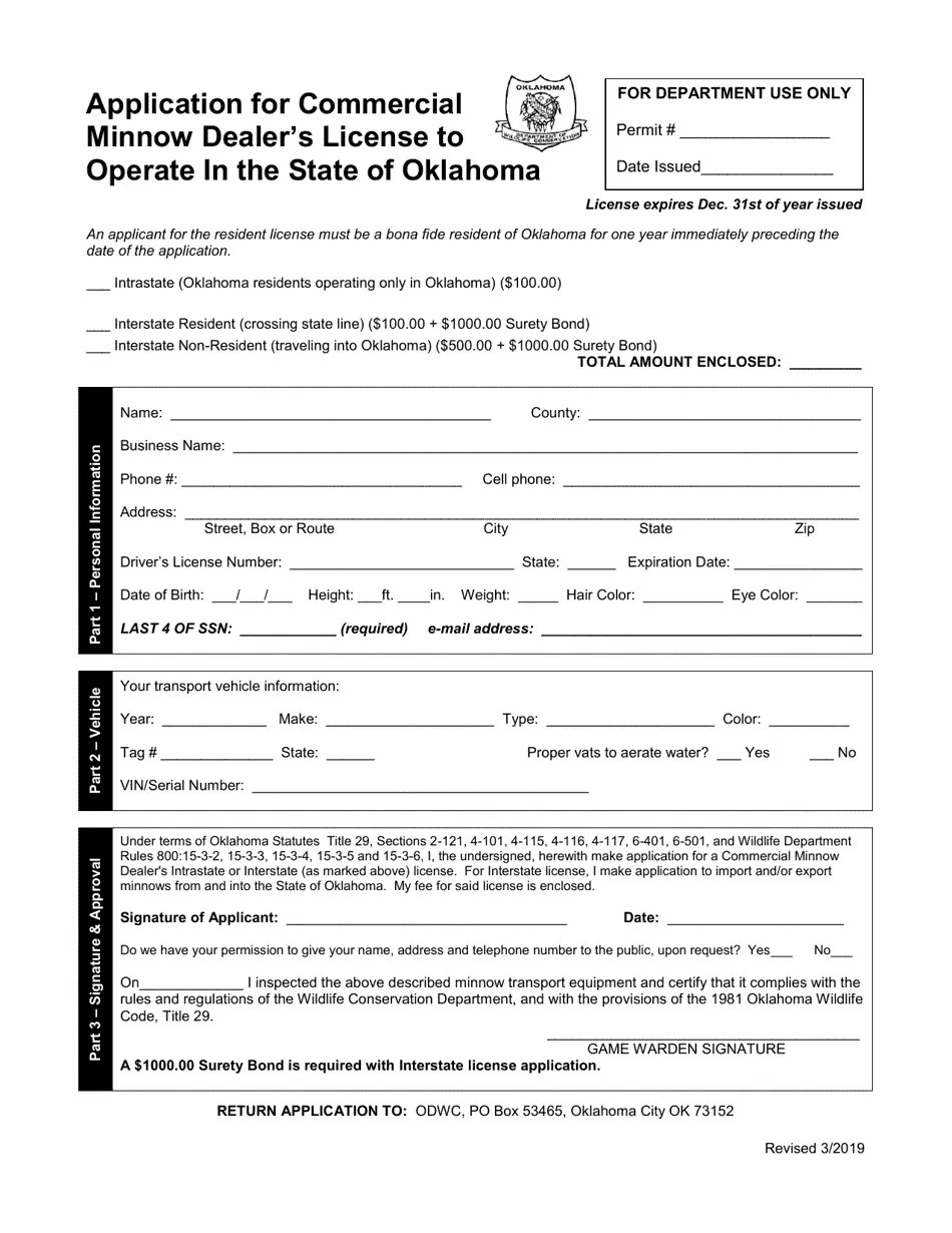 Oklahoma Application for Commercial Minnow Dealer's License to Operate