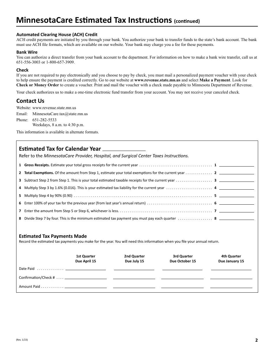 2023 Minnesota Minnesotacare Estimated Tax Instructions Provider Tax