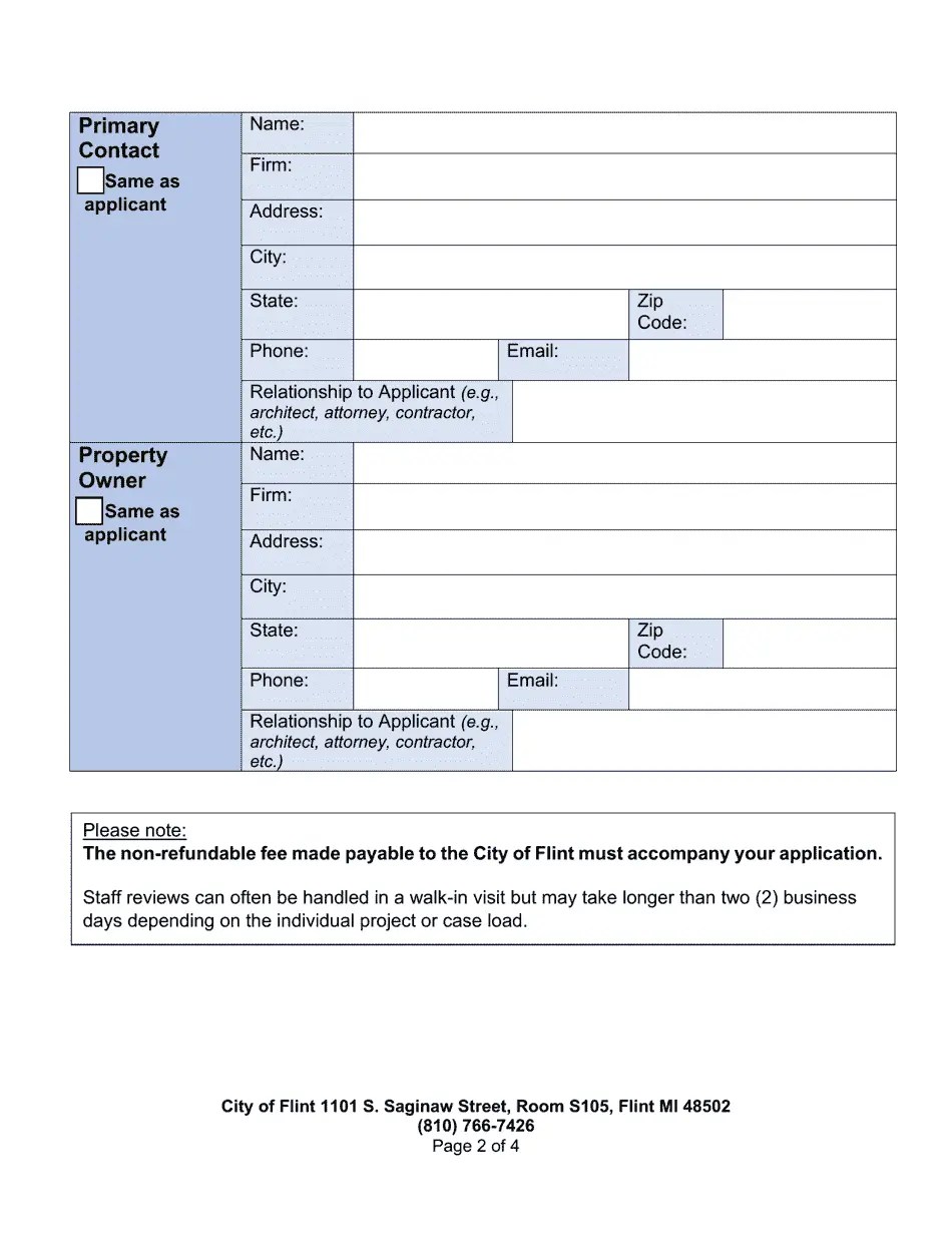 City of Flint, Michigan Application for Zoning Permit Fill Out, Sign