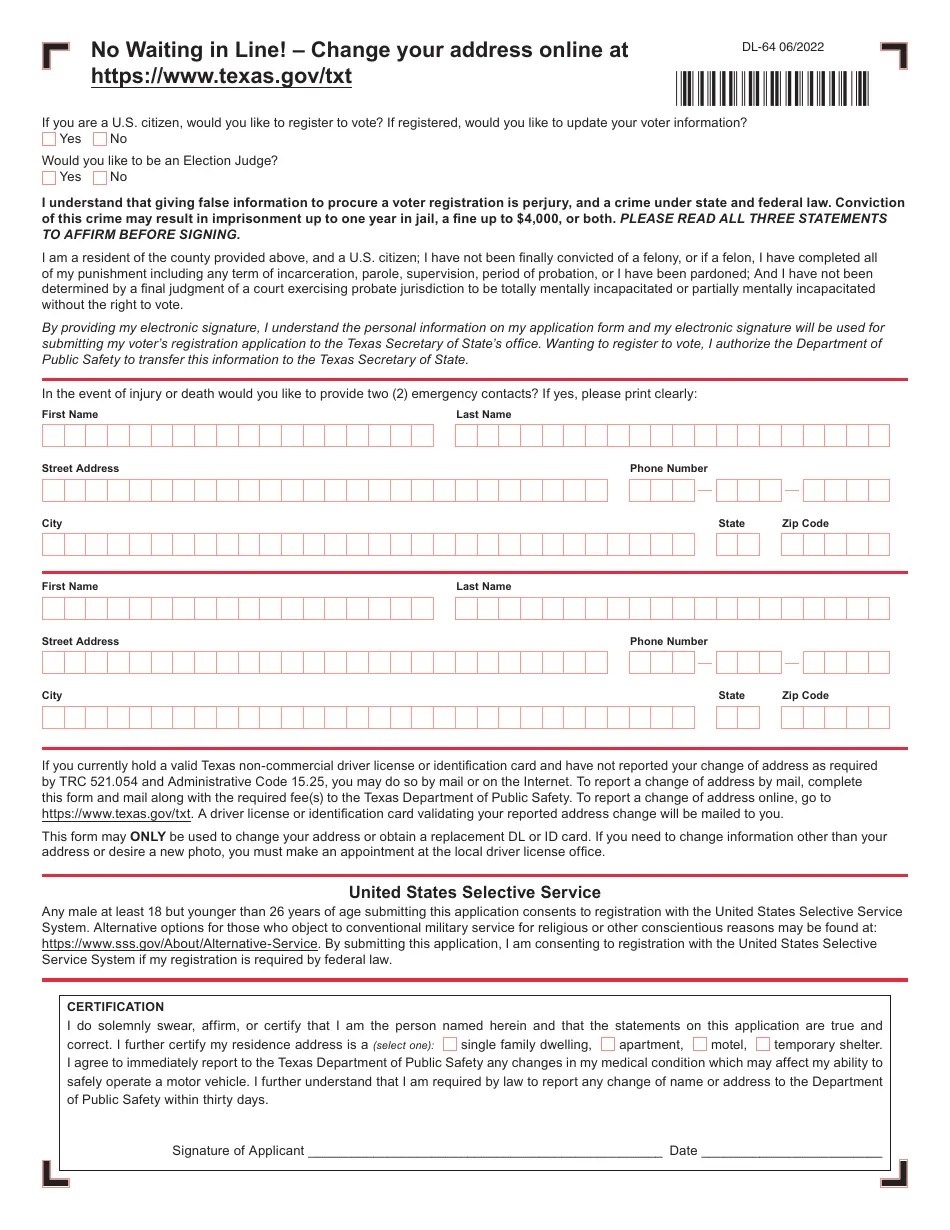 Form DL-64 Download Printable PDF or Fill Online Application for Change