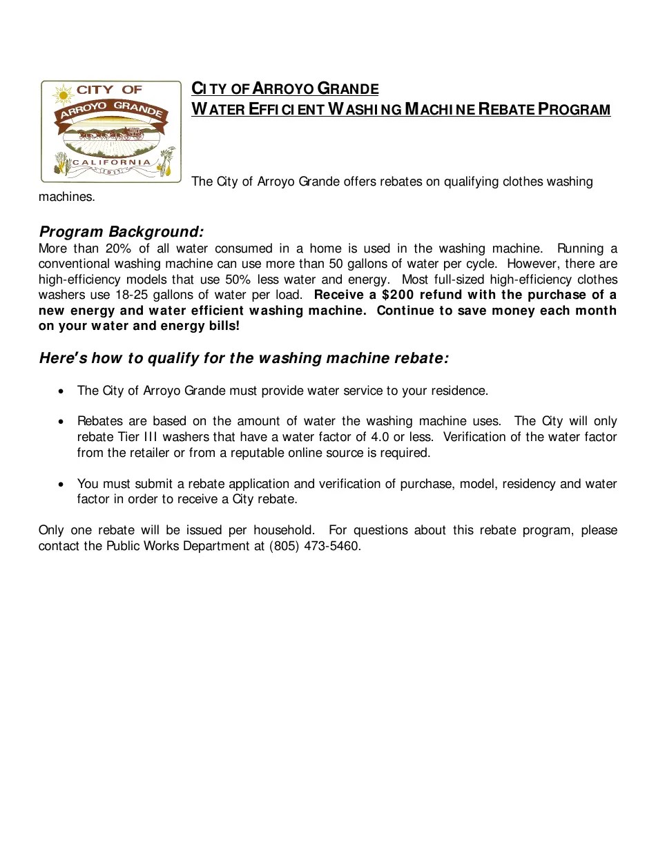 City of Arroyo Grande, California Water Efficient Washing Machine