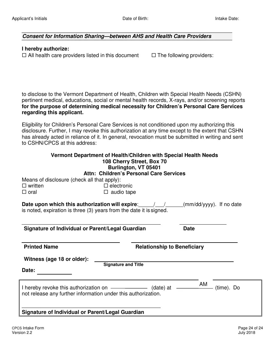 Vermont Children's Personal Care Services Intake Form Fill Out, Sign