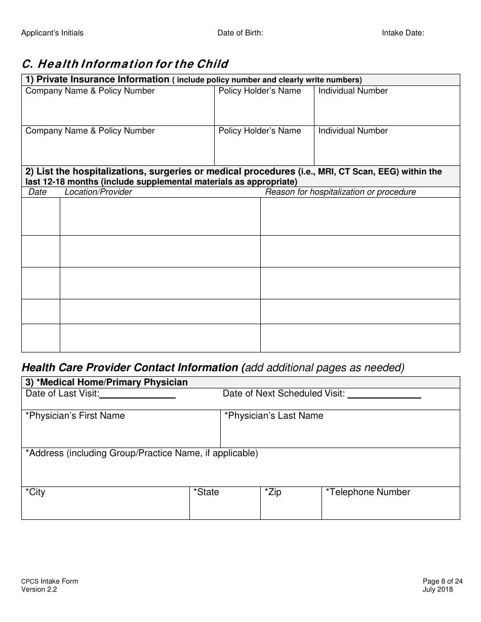 Vermont Children's Personal Care Services Intake Form Fill Out, Sign