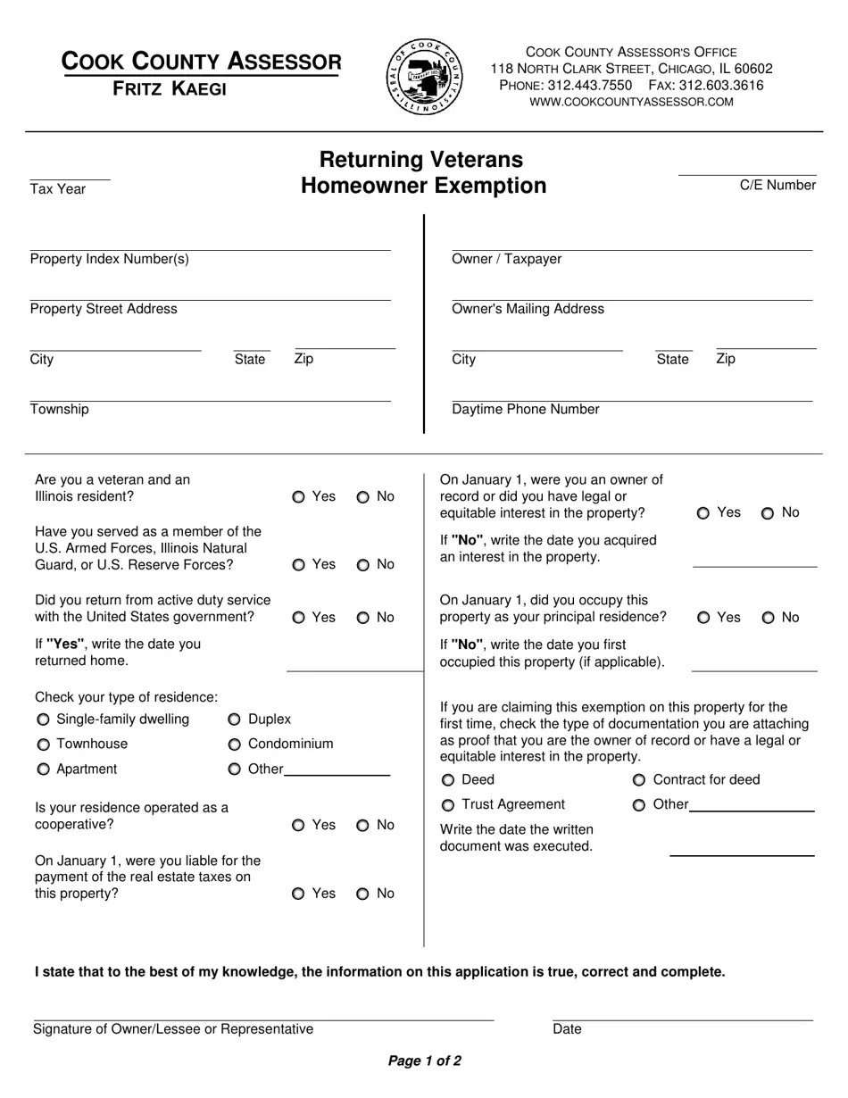 Cook County, Illinois Returning Veterans Homeowner Exemption Fill Out