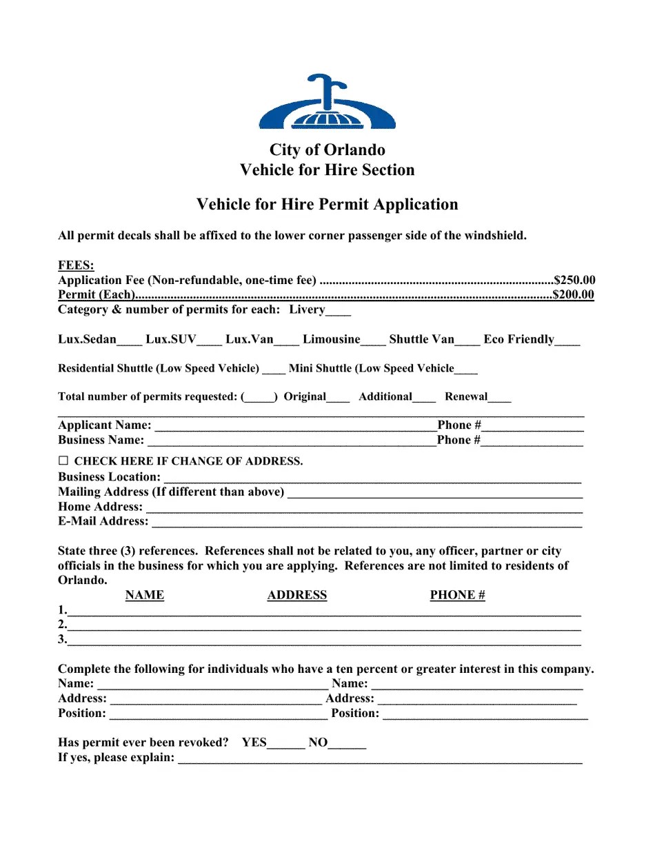City of Orlando, Florida Vehicle for Hire Permit Application Fill Out